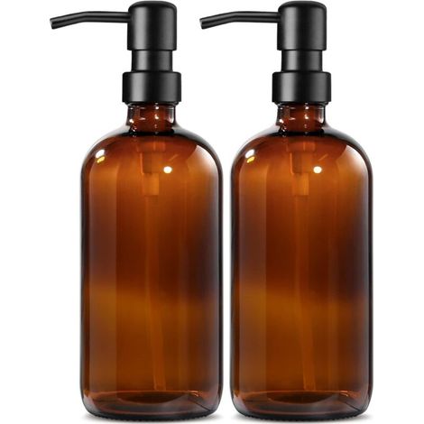 Amber Glass Soap Dispenser with Smooth Stainless Steel Pump, 500ml Liquid Soap Dispenser with Labels, Refillable