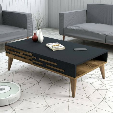 Dmora - Wohnzimmertisch Saiph, Niedriger Wohnzimmertisch, Kaffeeregal, Couchtisch für Sofa, 105x35h60 cm, Walnuss und Anthrazit, mit verstärkter Verpackung (1/4)