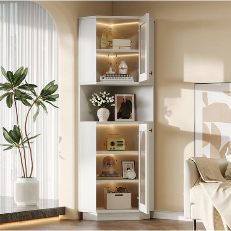 Schrank Eckschrank Aufbewahrung Lichtleiste Weiß MDF OKMYHOME (1/5)