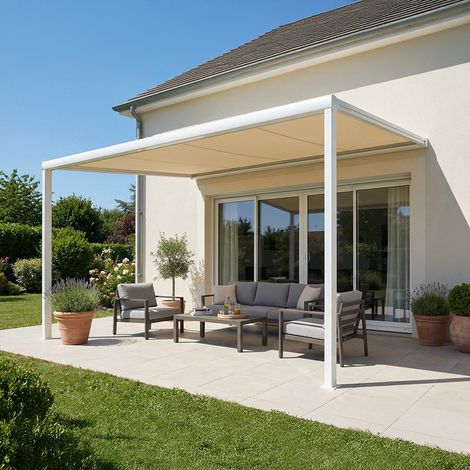 Pergola toile QUARTZ (Motorisation à télécommande + Manœuvre de secours - Blanc RAL 9010 - Écru 250g/m² - 4.00 x 3.00 m (1 module, 2 poteaux)) (1/5)