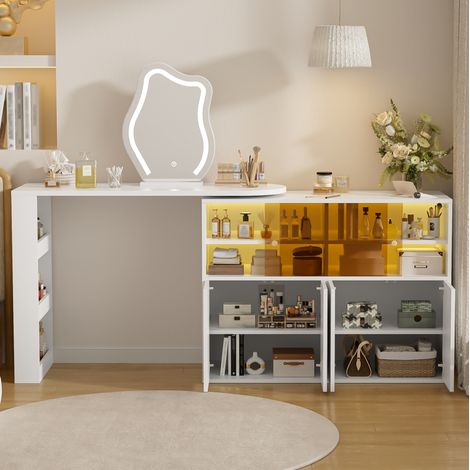Tavolo trucco girevole 177/40/131,5 cm bianco con LED e ampio spazio contenitivo (1/5)