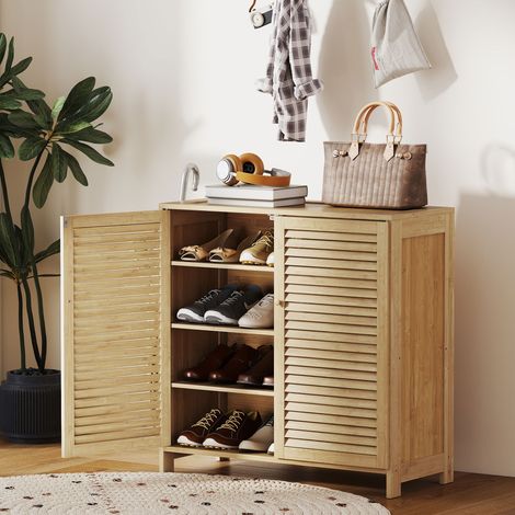 Naturelles - Armoire à chaussures en bambou doté de portes de volet Capacité pour 14 paires d’étagères réglables
