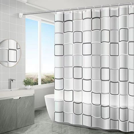 Schnelltrocknender Duschvorhang, maschinenwaschbar, wasserdichtes Polyestergewebe, halbtransparenter Badezimmervorhang mit 12 Haken, 200 x 200 cm, Weiß (1/2)