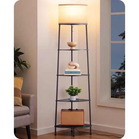 EDISHINE Lampe sur Pied Salon, Lampadaire avec Étagère et Abat-Jour en Lin, Ampoule LED 2700K Blanc Chaud Incluse, 169,5 cm, pour Chambre ou Bureau, Noire (1/5)
