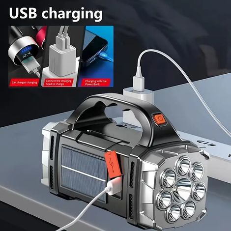 Wiederaufladbarer, ultraheller, reichweitenstarker, solarbetriebener Hochleistungs-LED-Notfallscheinwerfer.