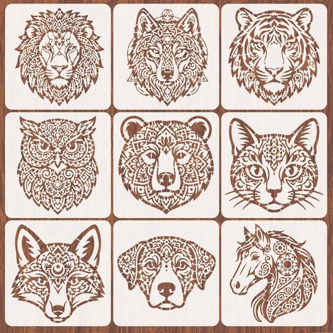 Lot de 9 pochoirs muraux réutilisables pour peinture, motif mandala animal tigre et lion, 30 x 29 cm, pochoirs muraux pour travaux manuels, meubles en bois, chambre à coucher, décoration (1/5)