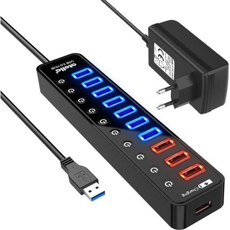 Hub USB 3.0 Alimenté Multiprise 11 Ports, Atolla Hub USB Transfert de Données avec LEDs Interrupteur Individuel Alimentation (1/4)