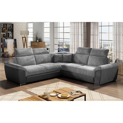 Canapé d'angle - convertible - FELIPE VELOURS - en tissu luxe gris clair et gris foncé, 5/6 places (1/5)