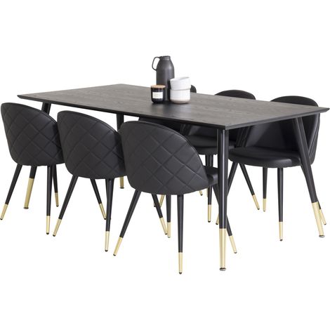 Dipp180x90BLBR Essgruppe Esstisch schwarz und 6 Velvet Esszimmerstühle PU Kunstleder schwarz.