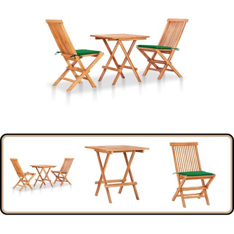 3-tlg. Bistroset mit Grünen Kissen Massivholz Teak - Gartenmöbel - Teakholzmöbel - Bistroset - Outdoormöbel - Balkonmöbel