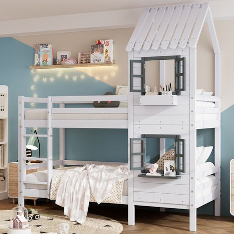Lit superposé enfant 90x200 cm en bois blanc, gain de place pour chambre, sans matelas FloraGrace (1/5)