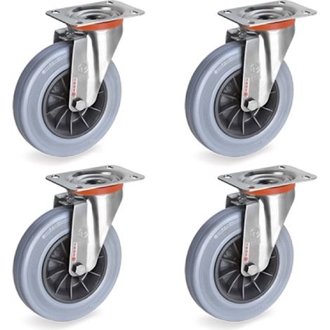 Lot de 4 roulettes INOX pivotantes caoutchouc non tachant 80 mm - 150Kg (1/2)