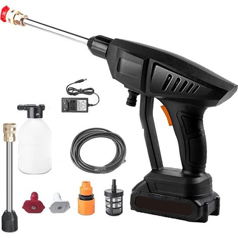 Nettoyeur Haute Pression sans Fil, Pistolet à Eau Haute Pression, 60Bar Nettoyeur Haute Pression sur 1 Batterie, Chargeur et Tuyau de 5M Tuyau 2 Buses, pour Voiture, Maison, Brushless Pressure Washer (1/4)