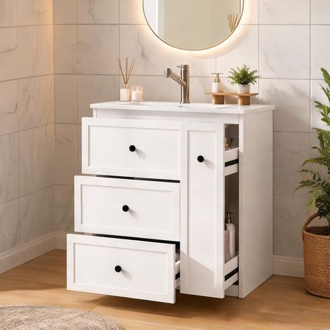 Vasque de toilette autoportante à tiroirs blanc cèramique 76 cm (1/5)