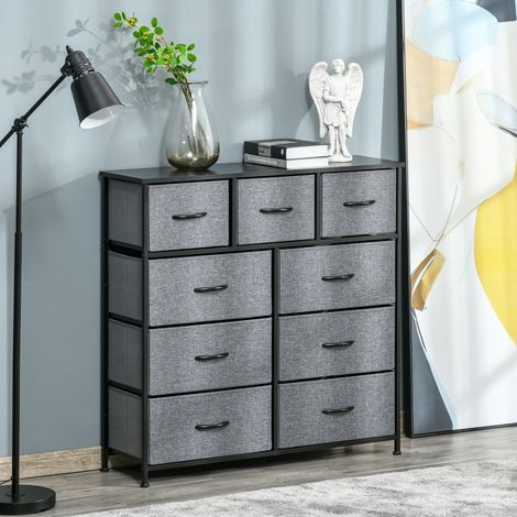 Cassettiera a 9 cassetti, mobile contenitore con cassetti pieghevoli in tessuto - struttura in acciaio nero - 100 x 30 x 100 cm, nero e grigio