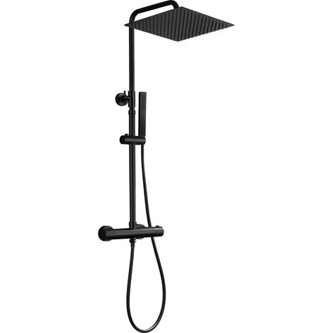 Görbach Duschsäule mit Thermostat Schwarz matt – XXL Regendusche eckig 30x30 cm – Schlanke Handbrause – Silikondüsen (Antikalk) – Edelstahl – Kein zusätzliches Bohren erforderlich