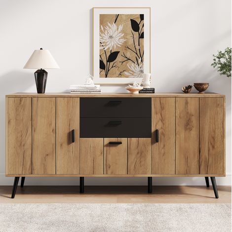 Credenza 140x35x67 cm con 2 cassetti, 3 ante, 7 scomparti, struttura in MDF, nero e legno (1/5)