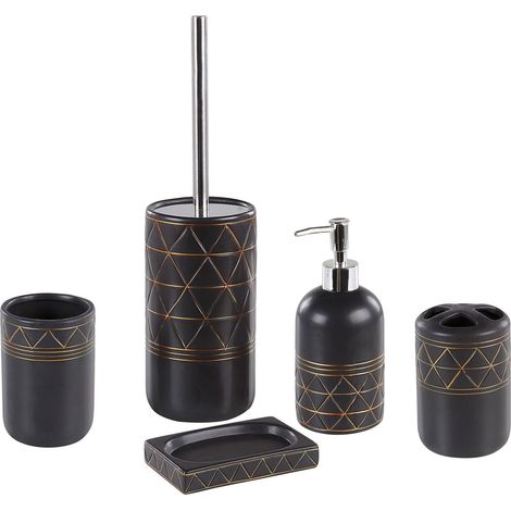 Bathroom Accessories Set Black Gold Ceramic Art Deco Soap Dispenser Toilet Brush Tumblers LANCO