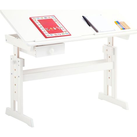 Idimex – Bureau enfant réglable en hauteur 62-98 cm – Plateau inclinable 0° à 37° – En pin massif lasuré blanc – Tiroir de rangement