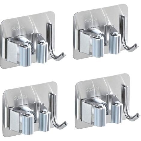 Lot de 4 supports muraux pour balai en acier inoxydable, porte-balai auto-adhésif, antirouille, avec 1 crochet et 1 fixation rapide pour vadrouille, balais et outils de jardin