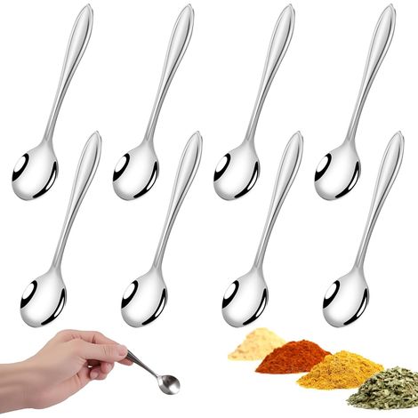 Cucharas pequeñas de acero inoxidable de 8 piezas, 9x2 cm, mini cucharas para postres, café, condimentos, especias, sal y azúcar. (1/4)