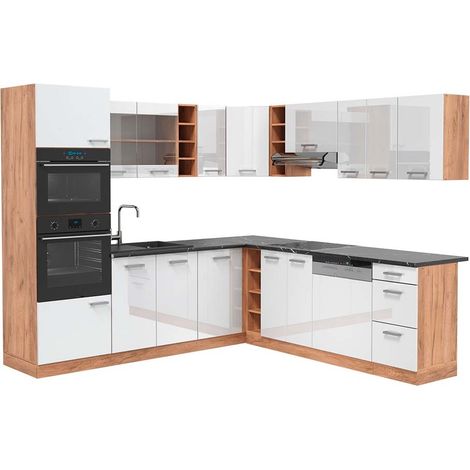 Cocina esquinera R-Line, Blanco alto brillo/Roble dorado, 247 x 237 cm, ET Antracita, Vicco