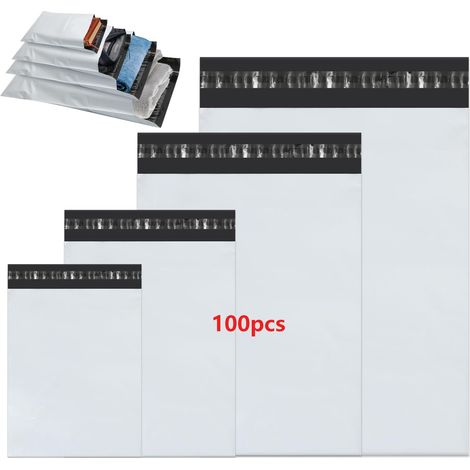 Enveloppe Plastique Expedition 100pcs 4 tailles assorties Enveloppes d expédition blanches Adhésif auto scellant Sacs d emballage (1/5)