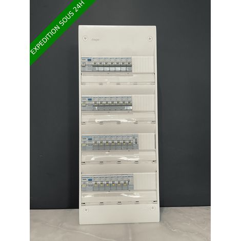 Hager – Tableau électrique équipé apparent 4 rangées – 27 modules pré-câblés – 1 différentiel 63A type A – 6 disjoncteurs 10A – 12 disjoncteurs 16A – 8 disjoncteurs 20A – 1 télérupteur