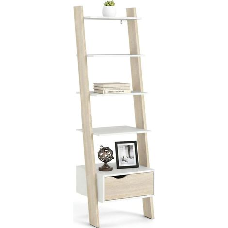 Dmora - Libreria Acascia, Scaffale da ufficio, Mobile portalibri, Biblioteca, 55x48 h180 cm, Bianco e Quercia