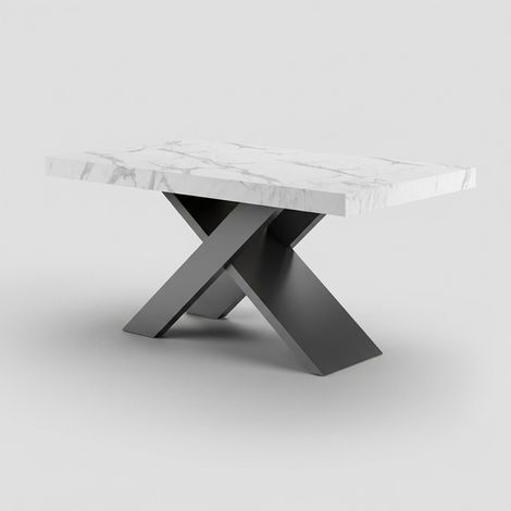 Table à manger extensible 10 personnes base noire 140/220x90 Roma - Effet marbre blanc