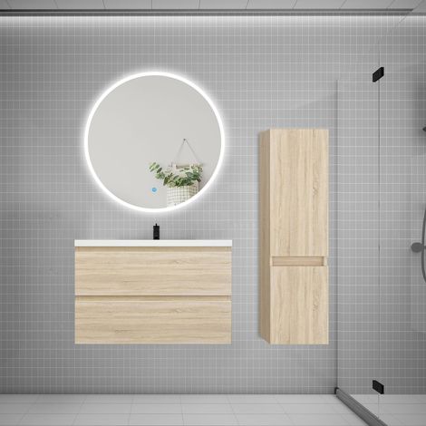 Ensemble meuble vasque L.79cm 2 tiroirs + lavabo + LED miroir rond 90cm + colonne C,chêne