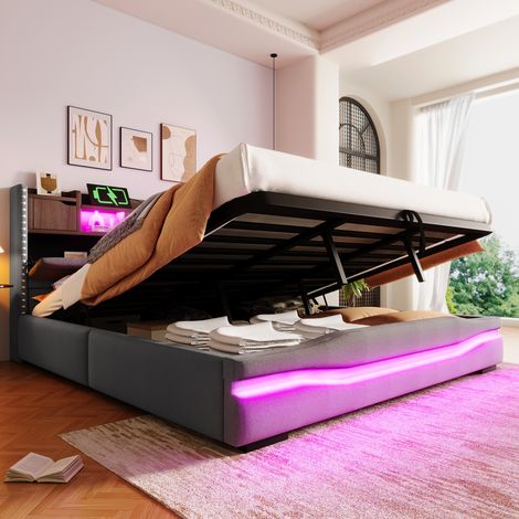 Lit coffre 180x200 cm avec LED et ports USB et Type-C en lin gris, sans matelas (1/5)