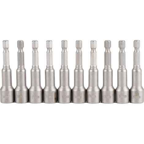Lot de 10 embouts hexagonaux 9mm en acier chromé vanadium, aimantés pour visseuse électrique
