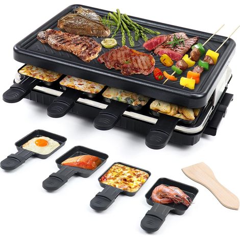 Appareil à Raclette per 8 Persone Grill Électrique de Table Plaque de Cuisson Portatile Grillles Barbecue Machine con 8 Mini Poëlons e 4 Spatole in Legno Plancha Grille Paques Electrique 1300W (1/5)