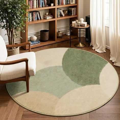 Tapis rond doux et lavable pour salon, table de chevet, chambre à coucher, salle à manger, motif géométrique - Vert et beige - 120 cm (1/5)