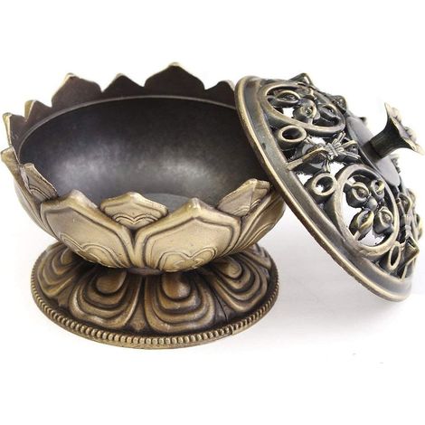 Brûleur d'encens en alliage représentant un Bouddha chinois, porte-encens en forme de fleur de lotus, fait main, pour la décoration d'un bureau ou d'une maison bouddhiste. Design raffiné. (1/5)