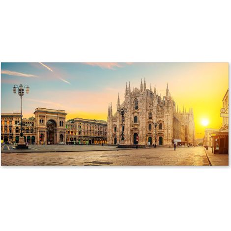 Lupia - Quadro moderno su Tela Canvas DEEP 65X143 cm, con paesaggi e localismi italiani, per casa, soggiorno, capezzale camera da letto, hotel, ufficio, MILANO - TRAMONTO SUL DUOMO (1/4)