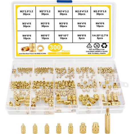 308 Pièces Insert Fileté Laiton Moletés et Kit de Fer à Souder, avec 130 Pièces Écrous Filetés M2 M2.5 M3 M4 M5 M6 1/4-20 et 8 Pièces Pannes à Souder, Pour Impression 3D et Pièces en Plastique (1/5)