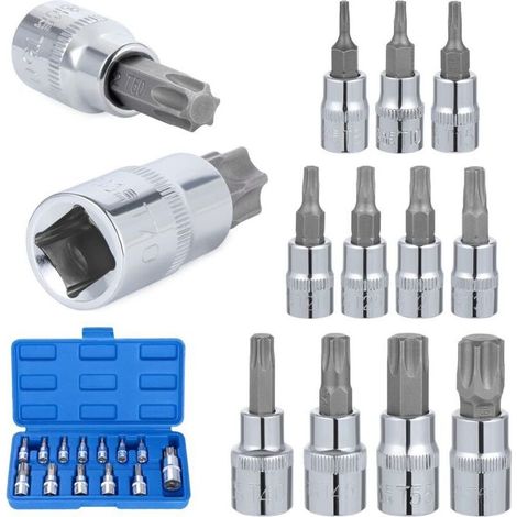 Lntyq 13 Pcs Coffret clés à douille Torx,T8 - T70 Jeu de Douilles à Embouts,Douilles Torx Femelle,Torx Bit Socket Set,Acier au Chrome Vanadium 1/4", 3/8" et 1/2" Drive (1/4)