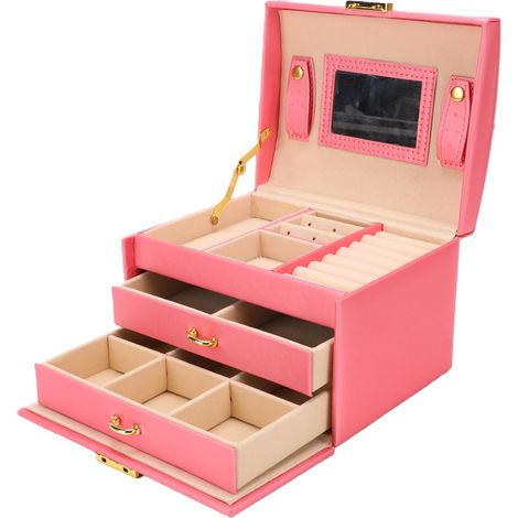 Women's Jewelry Box, 3 Tiers With Mirror Drawers, Leather Organizer for Travel, Vanity, Gift (Rose Red) (1/5)