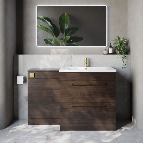 Napoli 460 Brown Oak 1300mm 2 Drawer Vanity Unit Toilet Suite with Glide Basin - 1300mm - Brushed Brass 480mm HandleWithout Kingston Toilet Pan