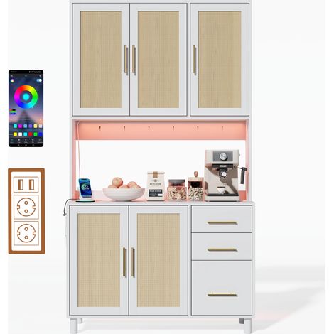 Hochschrank Küche, Stauraumschrank mit per App steuerbaren LED-Lichtern, 2 USB + 2 Steckdosen, verstellbare Regalböden, 3 Schubladen, goldene Griffe, Weiß