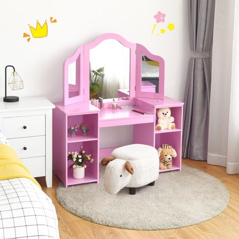 Tocador 2 en 1 con espejo extraible y compartimentos abiertos de madera para ninos a partir de 3 anos color rosa