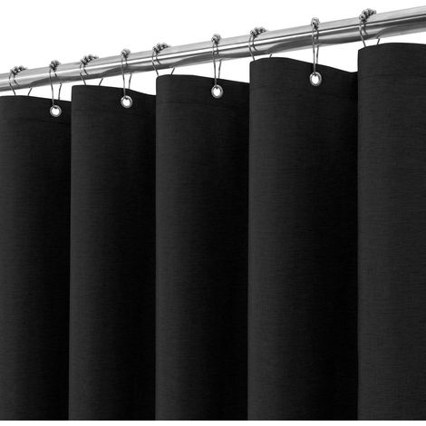 Rideau de Douche Lin avec Anneaux en Métal Imperméable Anti-Moisissures Polyester Tissu Rideau Salle de Bain Lourd pour Baignoire Cabine de Douche 182x198CM (Noir) (1/4)