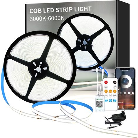 COB Ruban LED 15M Contrôle APP avec Télécommande Bande LED COB Flexible Dimmable DC24V 6000K Blanc Convient pour Chambre Chambre DIY Décoration (1/5)