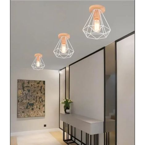Lot de 3 Plafonnier Retro Créatif Lampe Plafonnier Industriel en Cage Diamant Lampe de Plafonde en Bois Métal designe Simple (1/4)