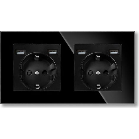 Enchufe doble con 4 puertos USB (2 × Tipo A, máximo 2,1 A en total), doble conexión con cristal templado, toma Schuko, montaje empotrado, negro (1/4)