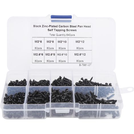 640 vis autoforeuses tête bombée noires croix Phillips acier carbone kit de fixation assortiment (1/5)