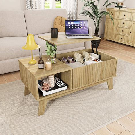 Table Basse Relevable couleur Bois naturel Style Scandinave, Double Espace de Rangement Ouvert et Fermé, pour Salon Bureau Repas (1/5)