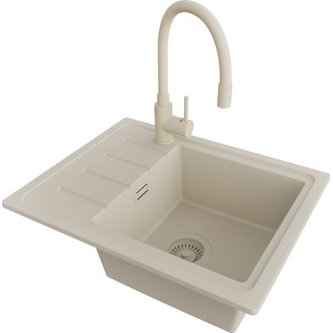 PRIMAGRAN Evier Cuisine en Granit 55x44cm,Lavabo 1 bac + Robinet 38x14cm + Kit de Vidage, Évier à Encastrer au meuble 45cm - Copenhague Easy, Beige